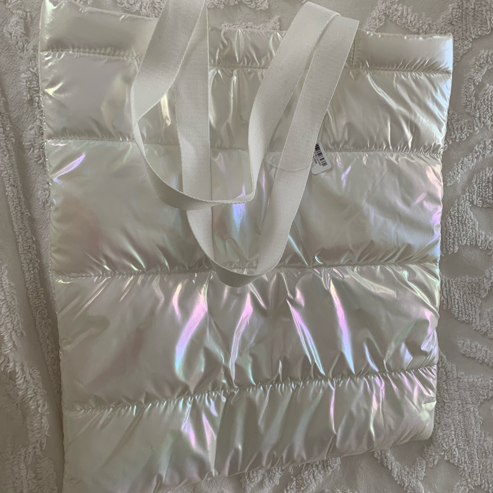NWT Bath & Body Tote: Puffer, Iridescent White, 2 Handles, Logo, 16x18 inches - Picture 8 of 8